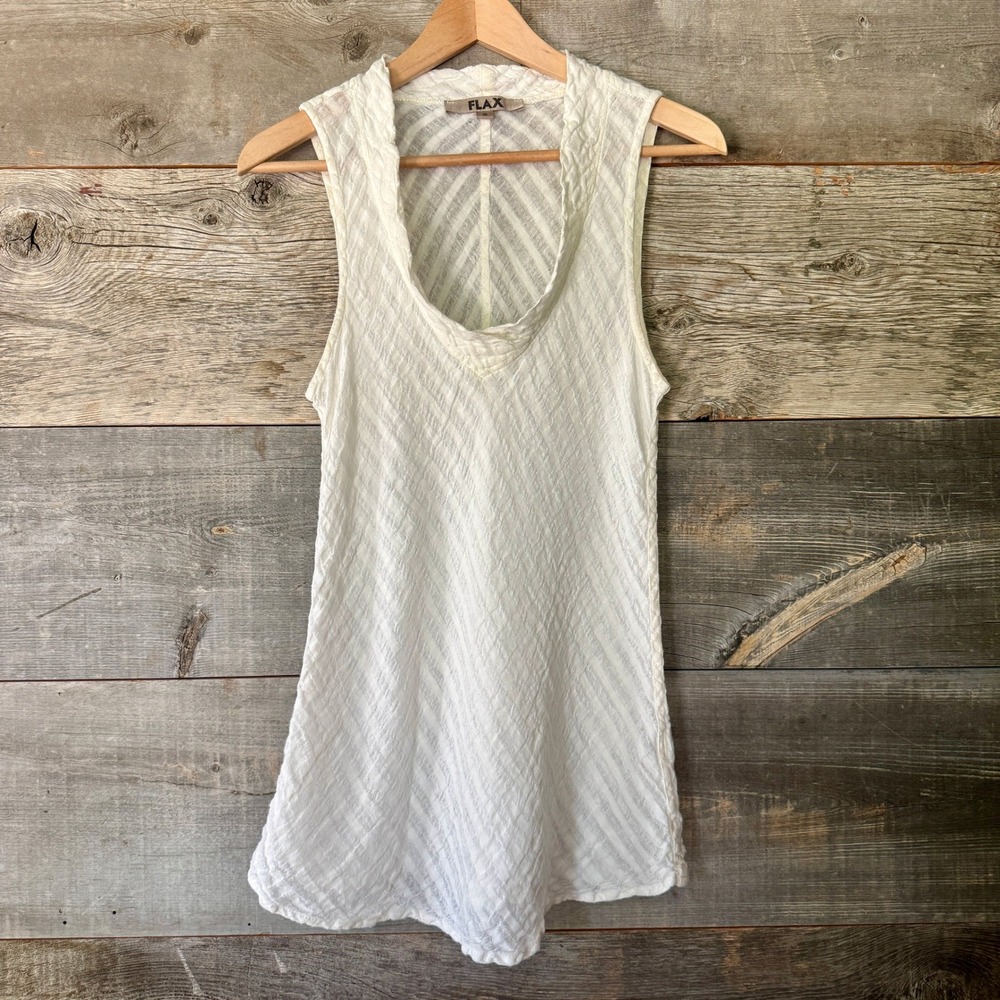 FLAX 100% Linen Textured Cowl V-Neck Sleeveless Tunic Top S White Breezy Coastal